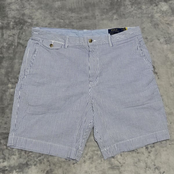 Polo Ralph Lauren Men's Blue and White Striped Seersucker Short Flat Front Sz 35