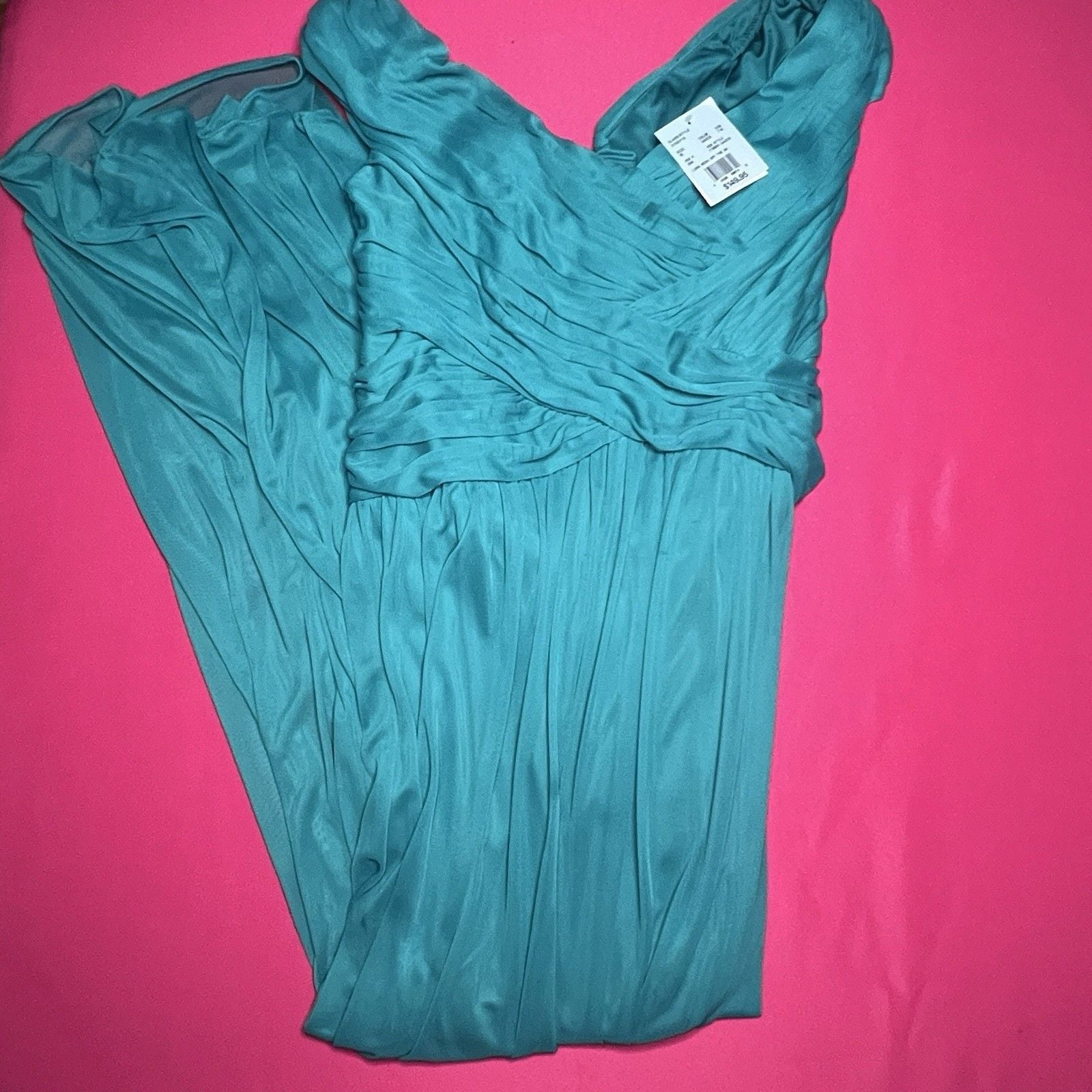NWT David's Bridal F19951 Oasis Teal Off The Shoulder Mesh Formal Dress Size 16 1