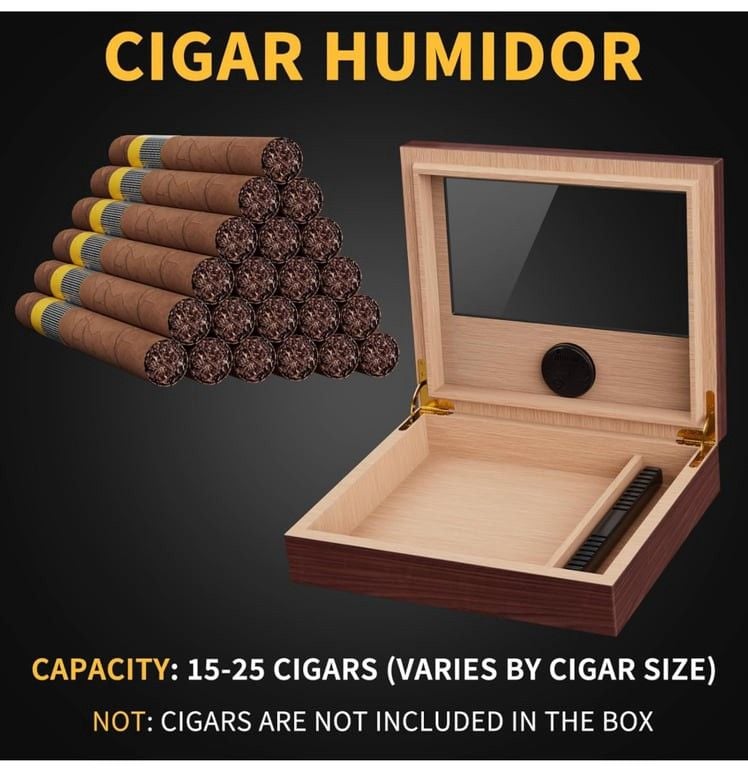 Cigar Humidor, Cigar Case Desktop Box with Humidifier and Accurate Digital Hygrometer,Tempered Glass Top Cigar Humidor Box with Thick Cedar Wood for 4