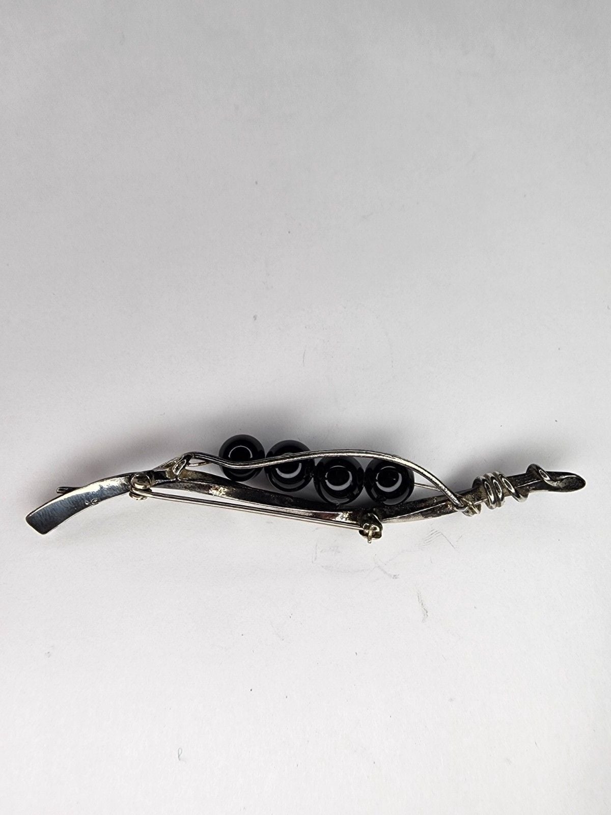 Vintage Sterling Silver Onyx Bead Brooch Pin 3