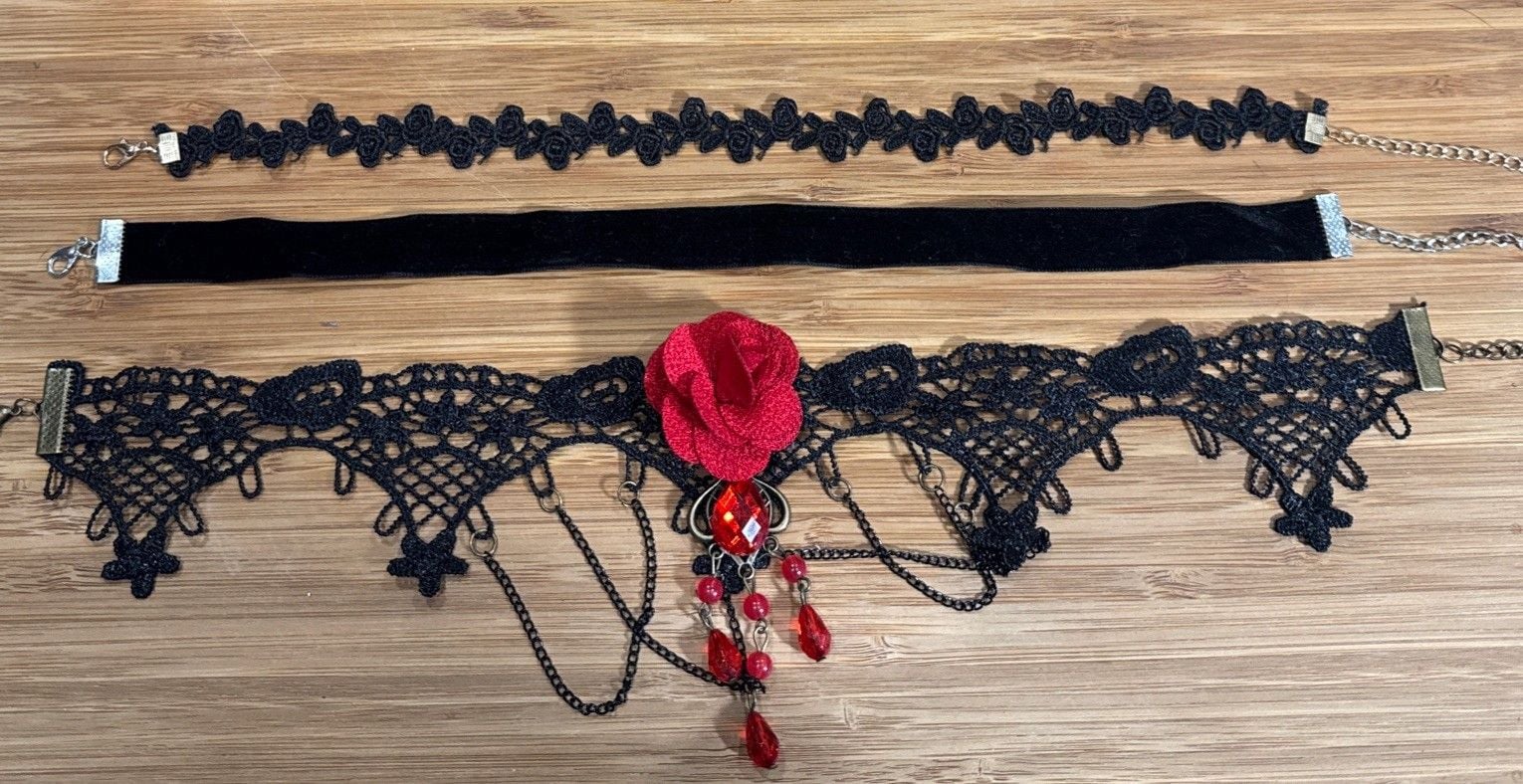 Black Lace and Red Rose Necklace Gothic Vampire Choker Victorian Style Set 1