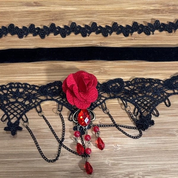 Black Lace and Red Rose Necklace Gothic Vampire Choker Victorian Style Set