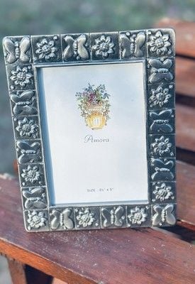 VTG NOS Amora Signed Pewter Butterfly Sunflower Geometric Picture Frame 3.5 x 5” 6