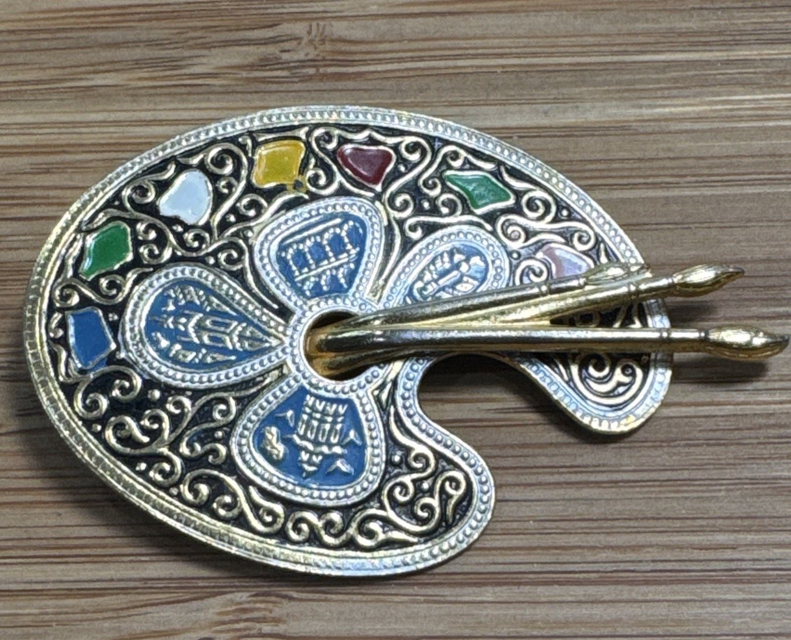 Vintage Gold Paint Palette w/Brushes Brooch Pin Damascene Spain 3