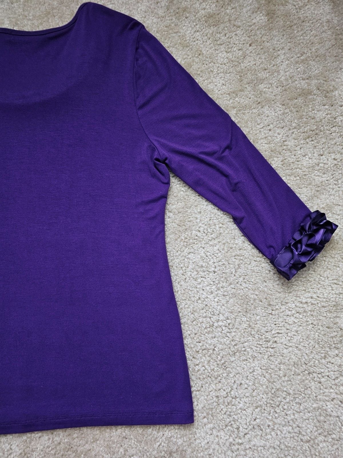 August Silk Women's XL Purple 3/4 Sleeve Top Satin Ruffle Rosette Trim Scoop Nec 9