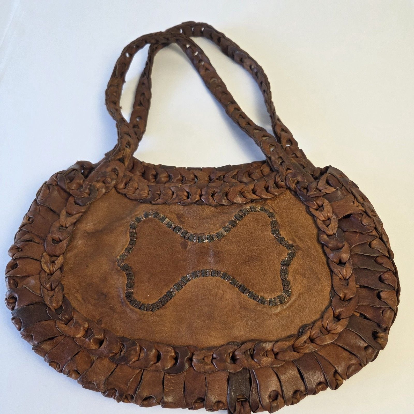 Vimtage 70s Boho Handmade Leather Loop Hippie Purse Moroccan Camel Stamp Tote 2