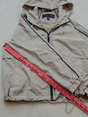 Tommy Hilfiger Windbreaker Jacket Mens Large Beige Hooded Full Zip Mesh Lined L 16
