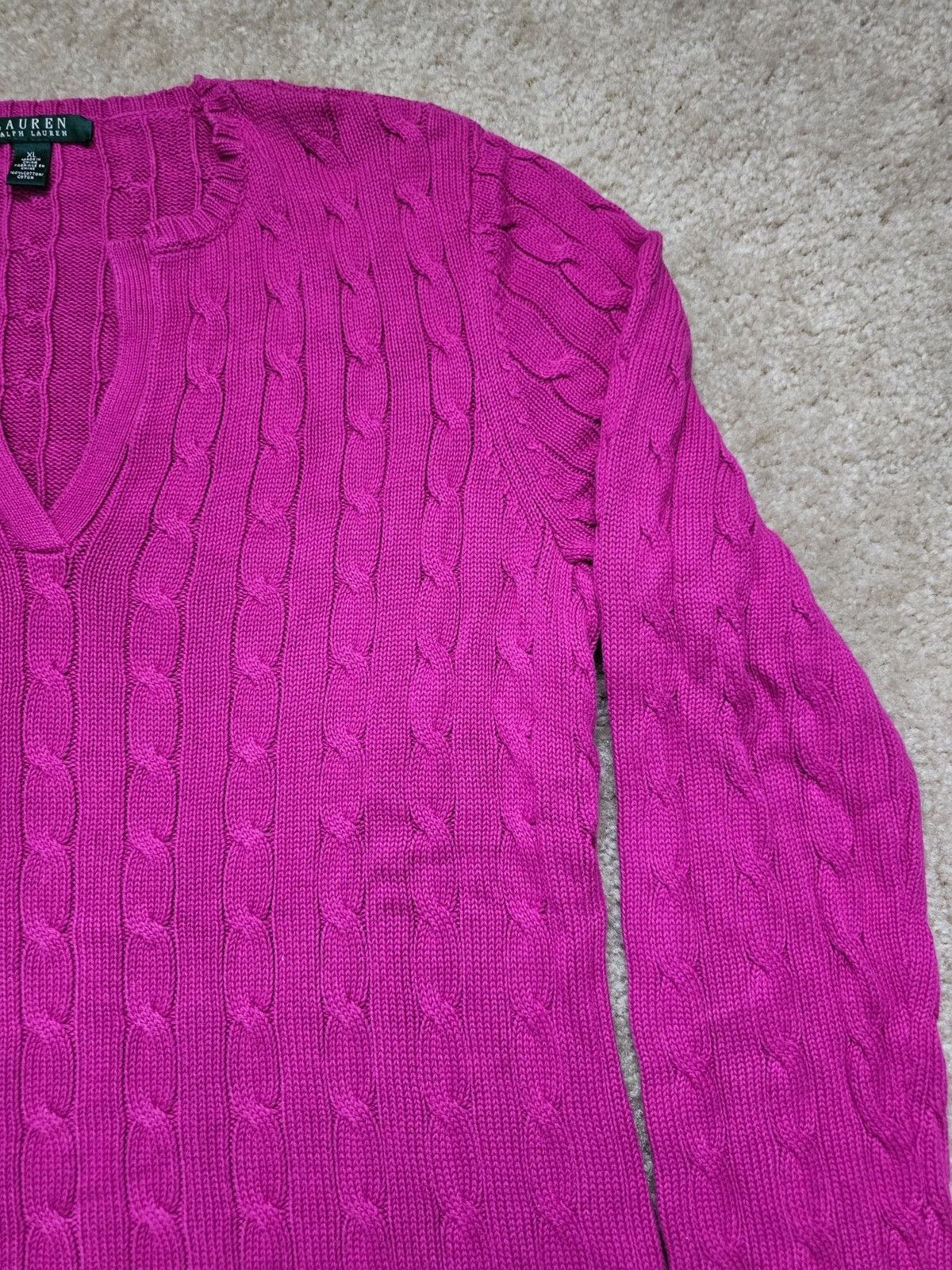Lauren Ralph Lauren Women XL Pink Cable Knit V Neck 100% Cotton Sweater 4