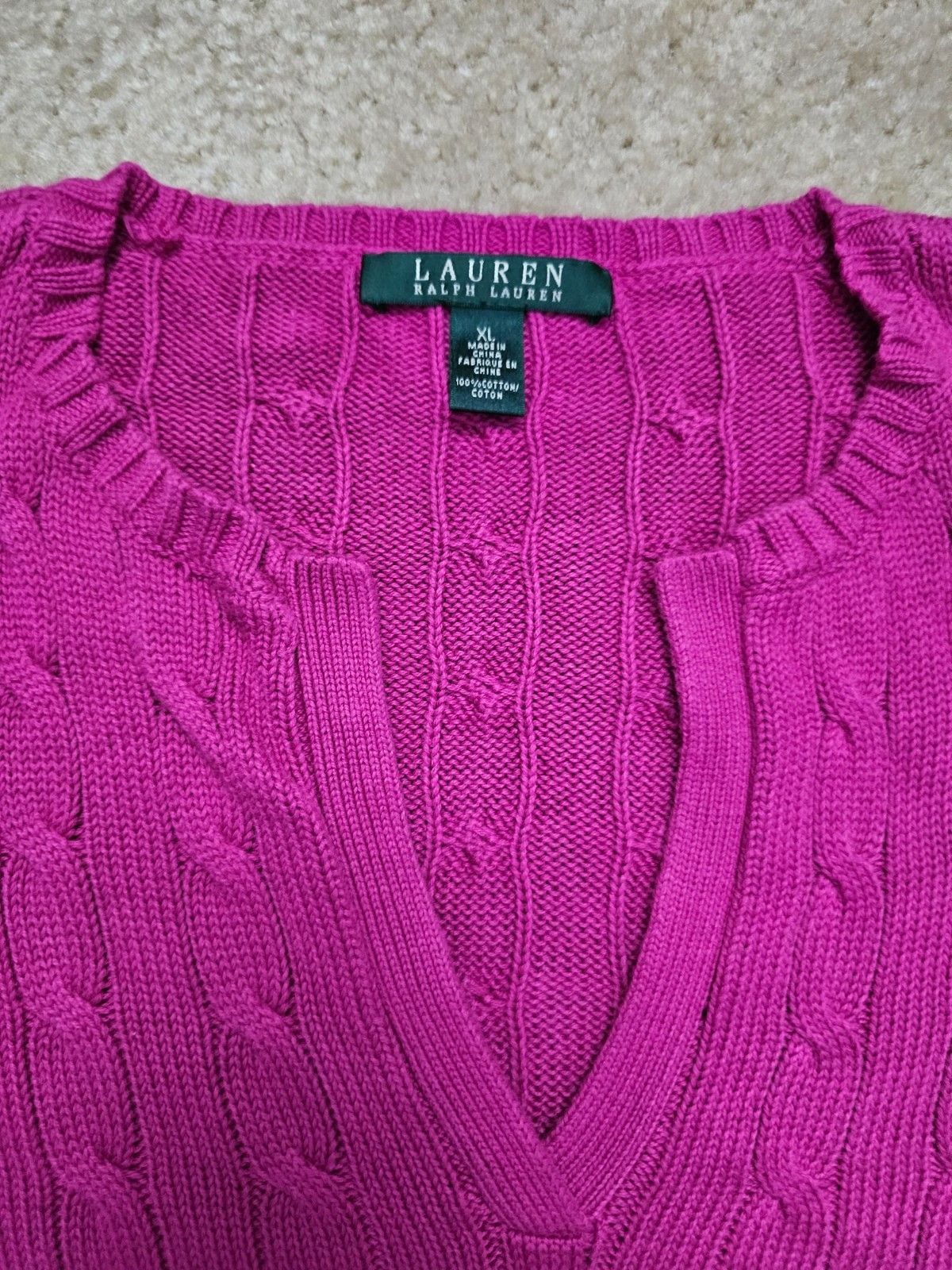 Lauren Ralph Lauren Women XL Pink Cable Knit V Neck 100% Cotton Sweater 6
