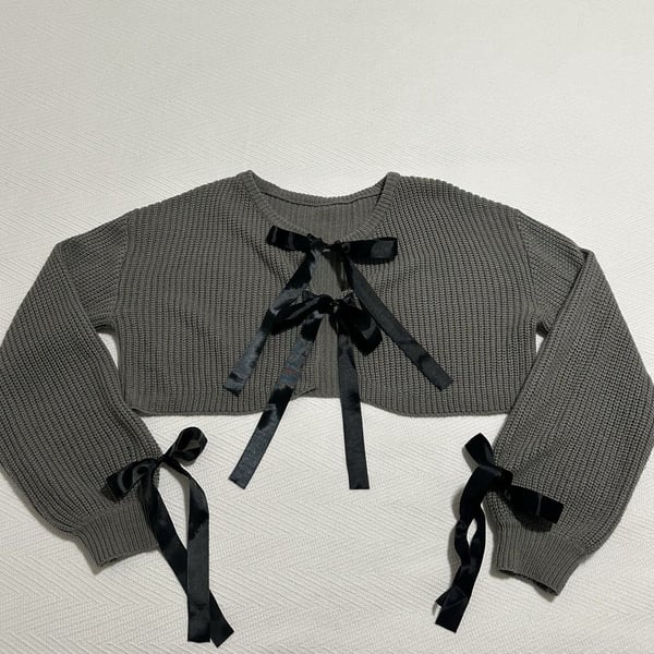 Bow Knot Knitted Cardigan Sweater SMALL Gray Jumpers Short V Neck Long Sleeves