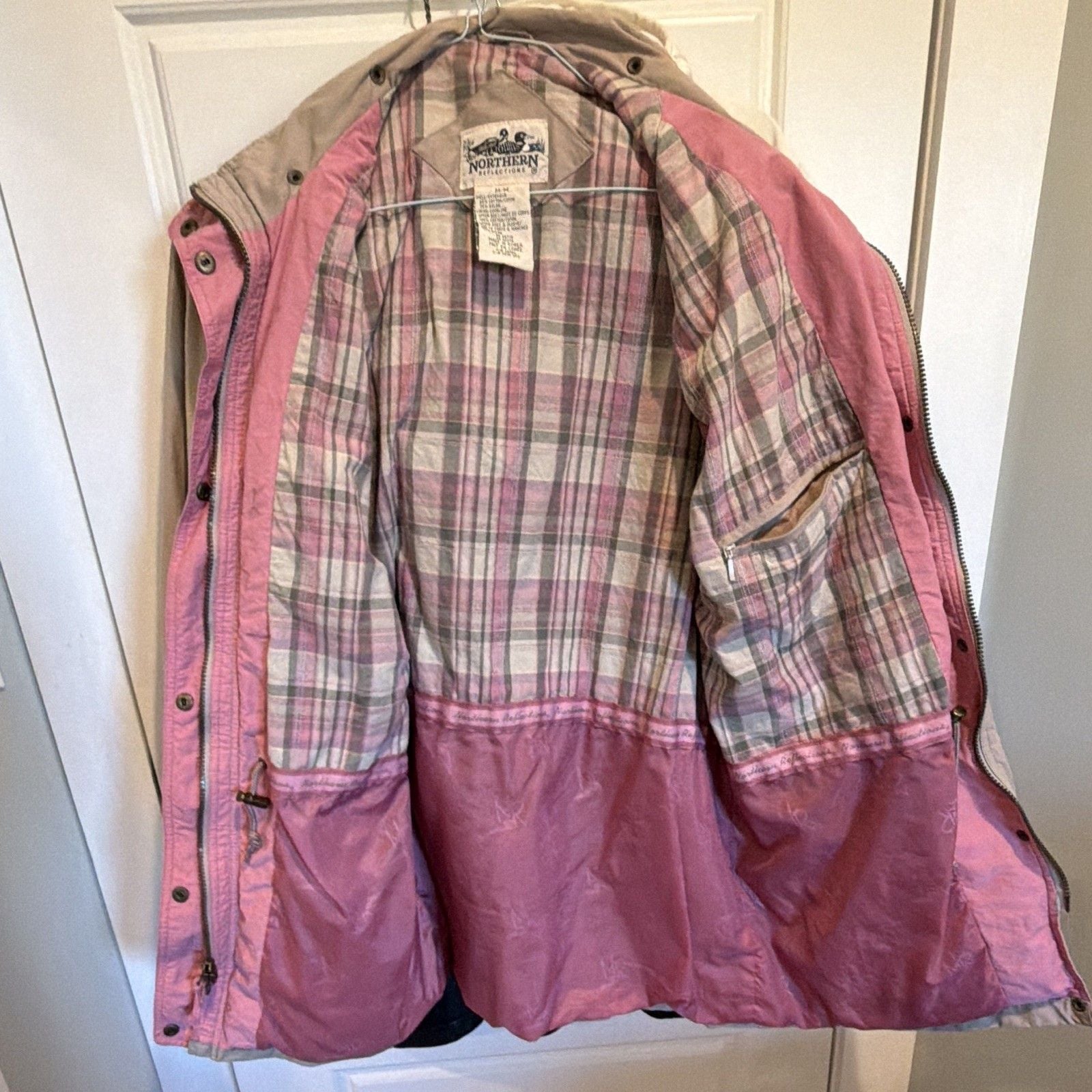 Northern Reflections Women’s Hooded Parka Jacket M Beige/Pink Plaid Mid-Length 4