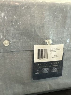 Ralph Lauren Workshirt Chambray KING Extra Deep Fitted Sheet Blue FAST to ship! 2