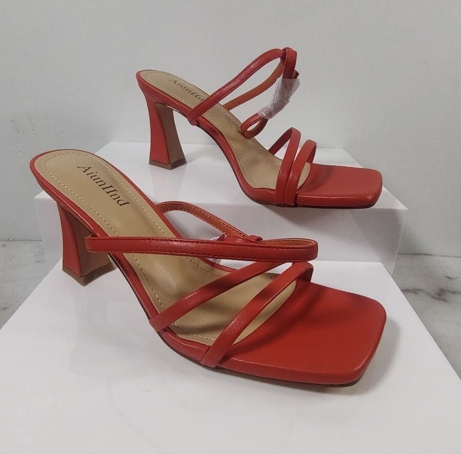 Aiunlind Orange Womens 2.5 in Kitten Low Heel, Strappy Square Open Toe, Size 8.5 2