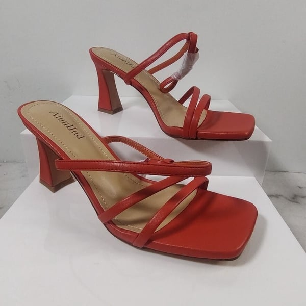 Aiunlind Orange Womens 2.5 in Kitten Low Heel, Strappy Square Open Toe, Size 8.5