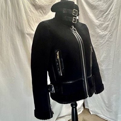 Philosophy XS Faux Shearling Moto Jacket Blk Aviator Biker Zip Buckle Coat 7