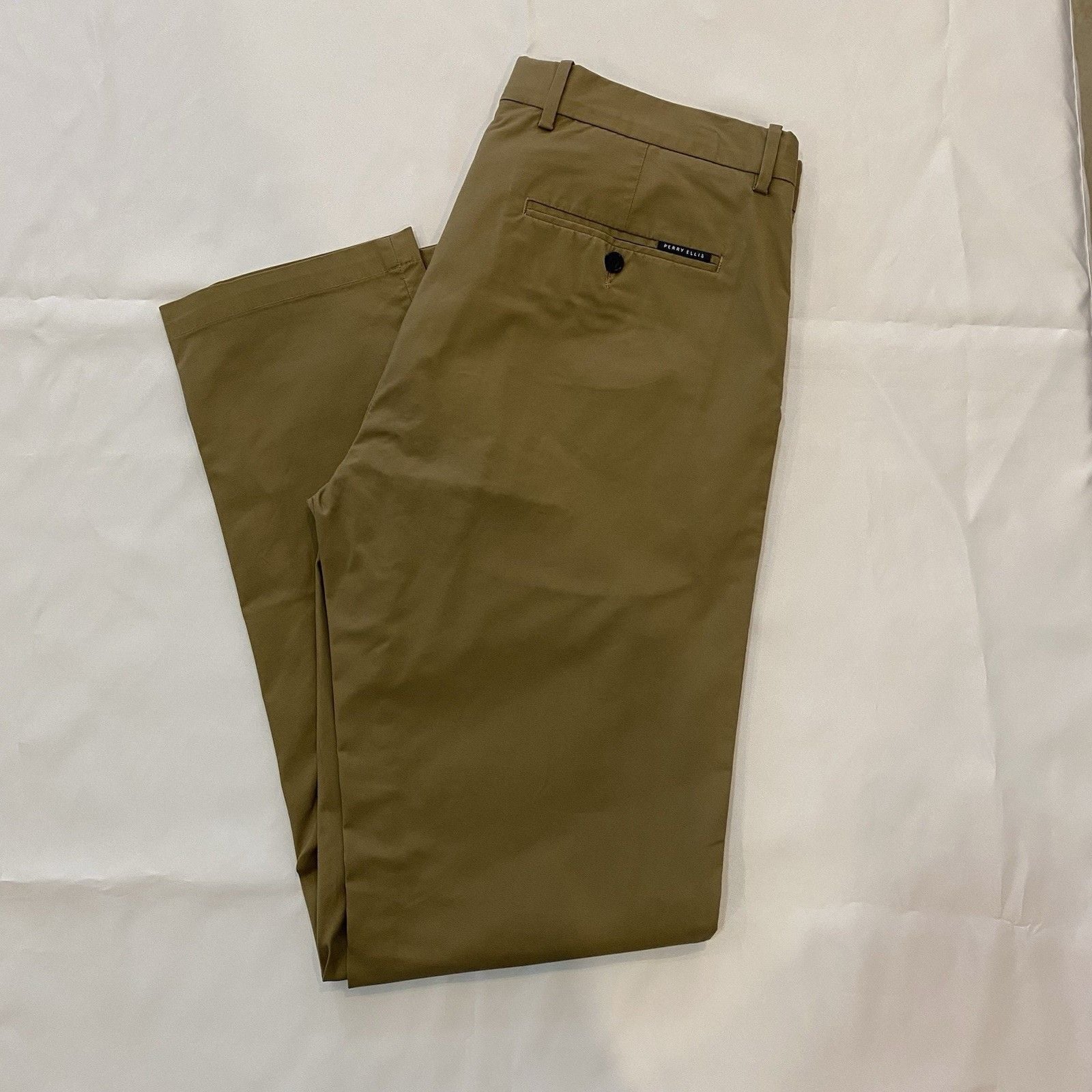 Perry Ellis Pants Mens 34x32 Tan Slim Fit Flat Front Trousers 2