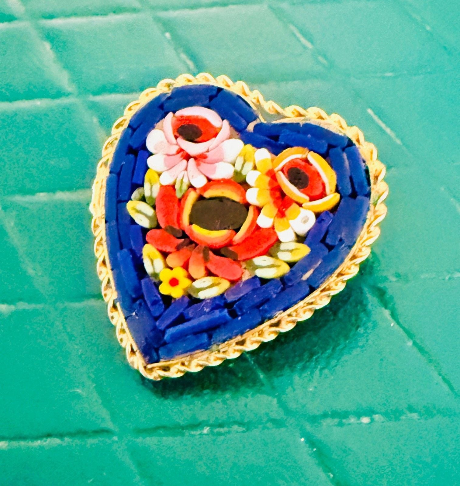 Vintage Italian Micro Mosaic Heart Brooch Floral Gold Tone Pin Made in Italy 7