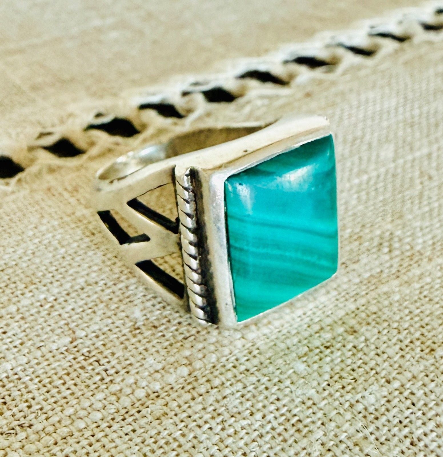 Sterling Silver Large Square Malachite Ring Southwestern Size 7 Statement 3