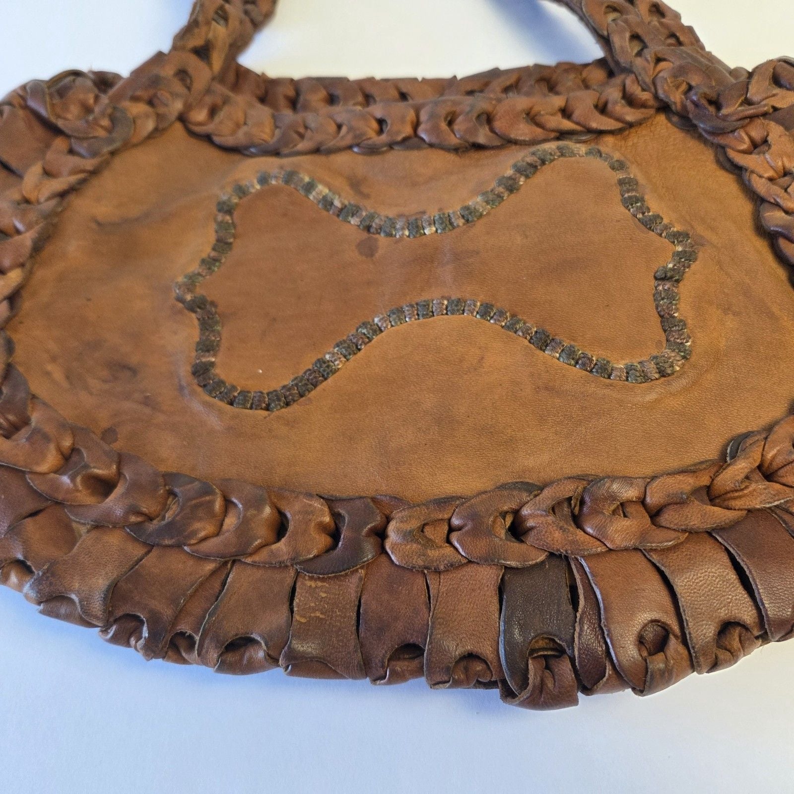 Vimtage 70s Boho Handmade Leather Loop Hippie Purse Moroccan Camel Stamp Tote 5