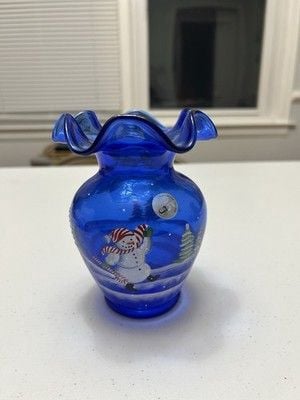 FENTON Artist Signed Cobalt Blue Glass Hand-Painted SNOWMAN Winter Vase 5.5" 1