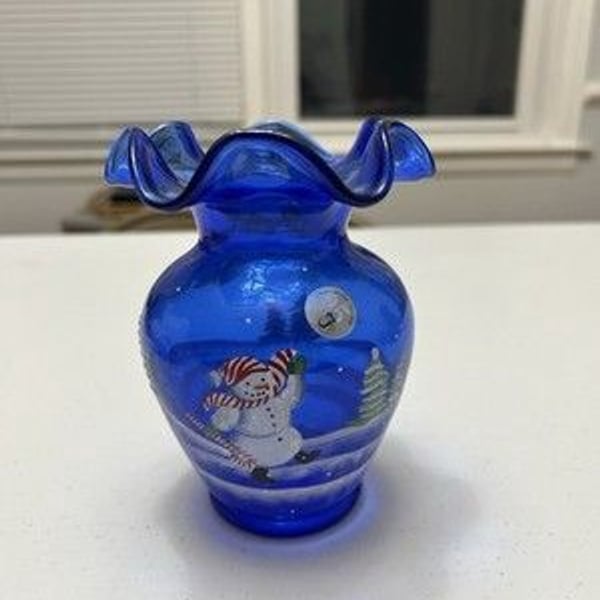 FENTON Artist Signed Cobalt Blue Glass Hand-Painted SNOWMAN Winter Vase 5.5"