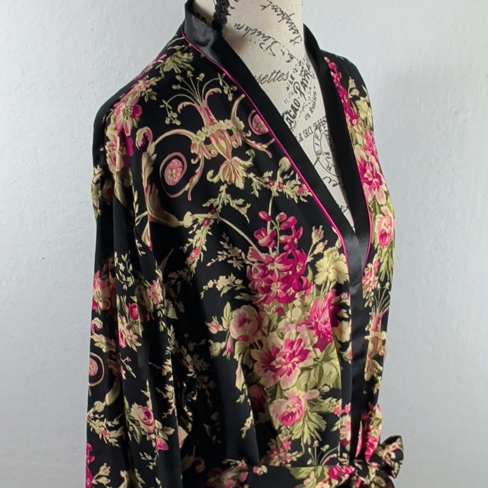 Oscar de la Renta Pink Label Floral Bird Kimono Robe Satin Look Black L XL Poly 10