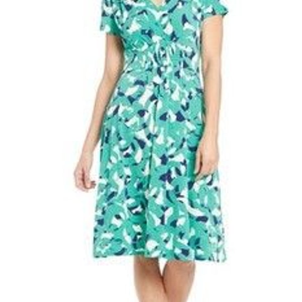 London Times V-Neck Short Sleeve Smocked Detail Chic Summer Dress - Size -XL