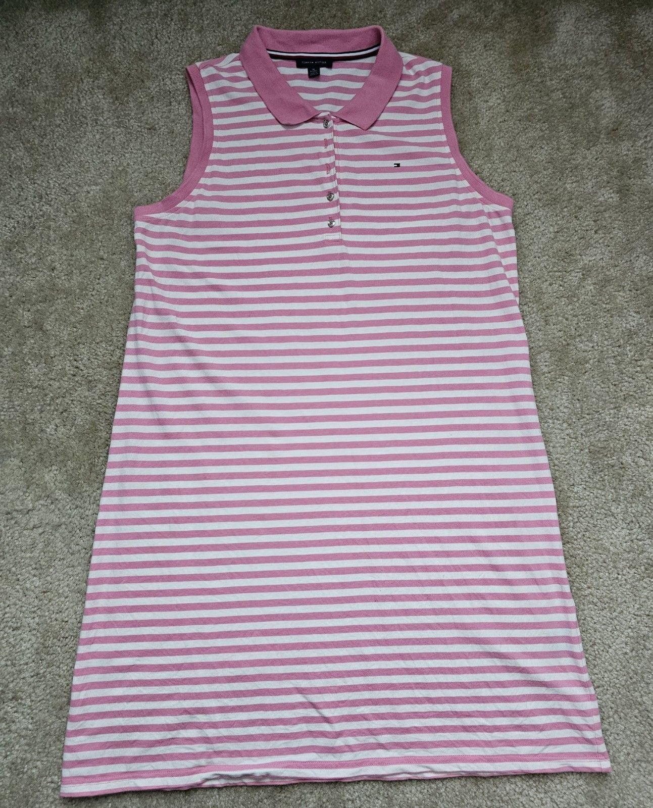 Tommy Hilfiger Women XL Pink White Striped Sleeveless Polo Dress Preppy Golf 2