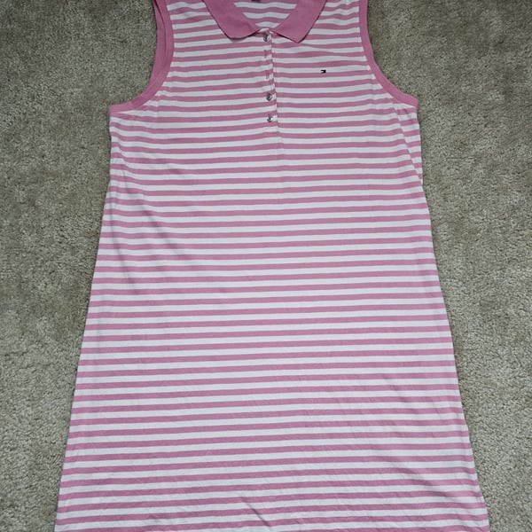 Tommy Hilfiger Women XL Pink White Striped Sleeveless Polo Dress Preppy Golf