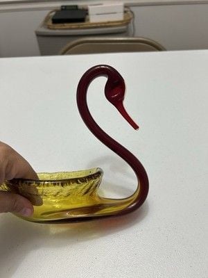 Fostoria Blown Art Glass Red and Amber Swan Candy Dish 4