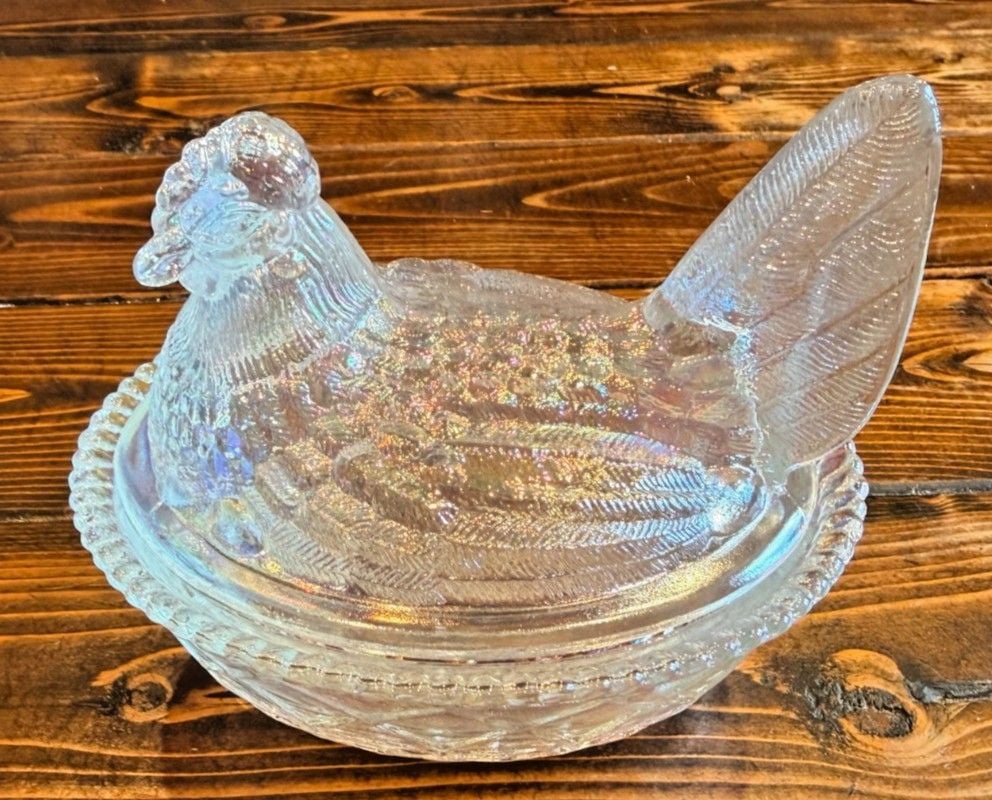 Vintage Mosser Glass Clear Iridescent Hen Nest Covered Dish Carnival Farm Decor 1