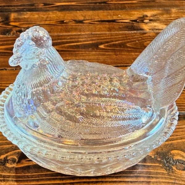 Vintage Mosser Glass Clear Iridescent Hen Nest Covered Dish Carnival Farm Decor