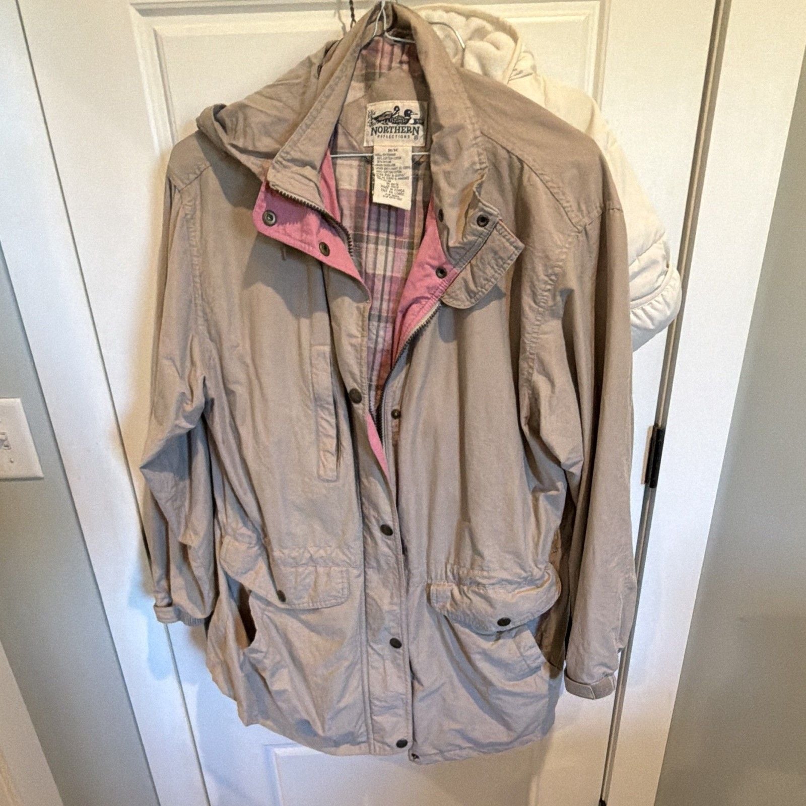 Northern Reflections Women’s Hooded Parka Jacket M Beige/Pink Plaid Mid-Length 2