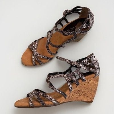 Aerosoles Snake Print Leather Cork Wedges Sandals Sz 7.5 Animal Y2K Heels Womens 3