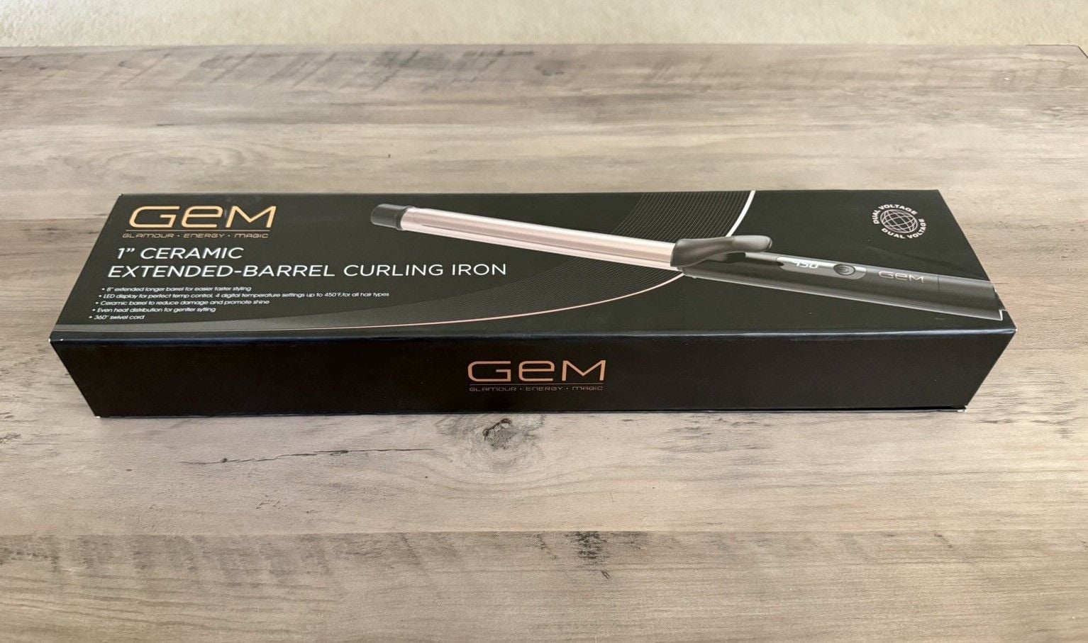 GEM 1” Ceramic Curling Iron Extended Barrel Rose Gold Dual Voltage 1