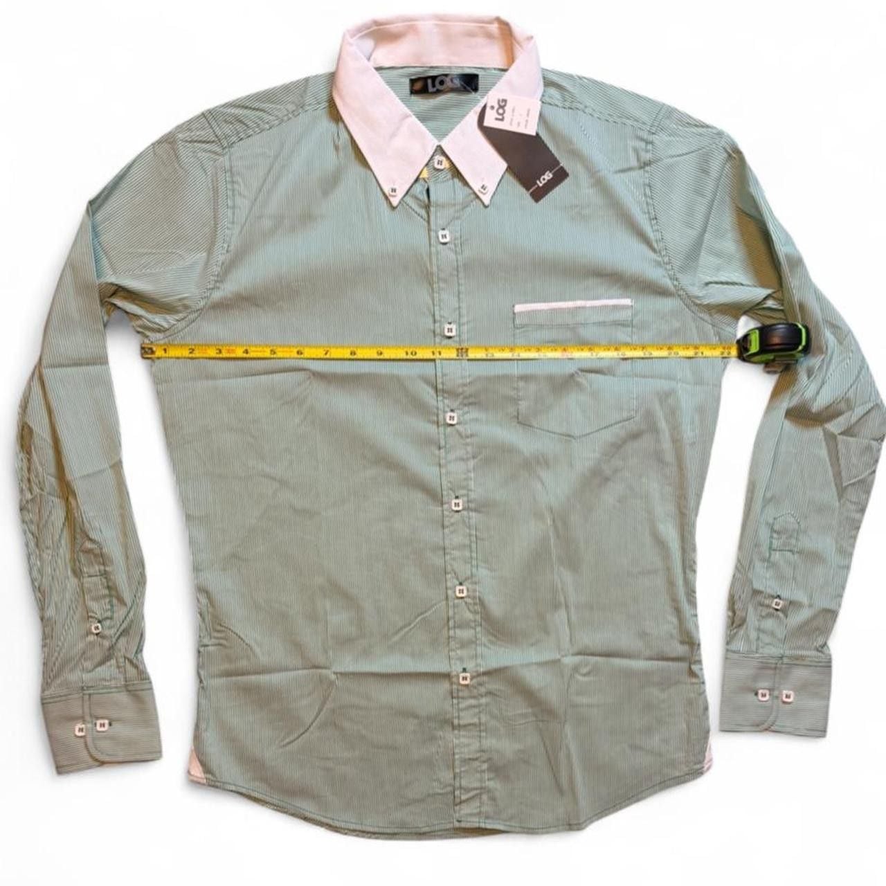 Log wear Green white striped button-up shirt with white collar and cuffs, size Large dimensions are in the pictures brand new with tags 5