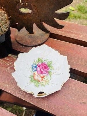 Vintage Noritake Porcelain Floral Trinket Dish w/ Gold Trim & Thumb Handle 9