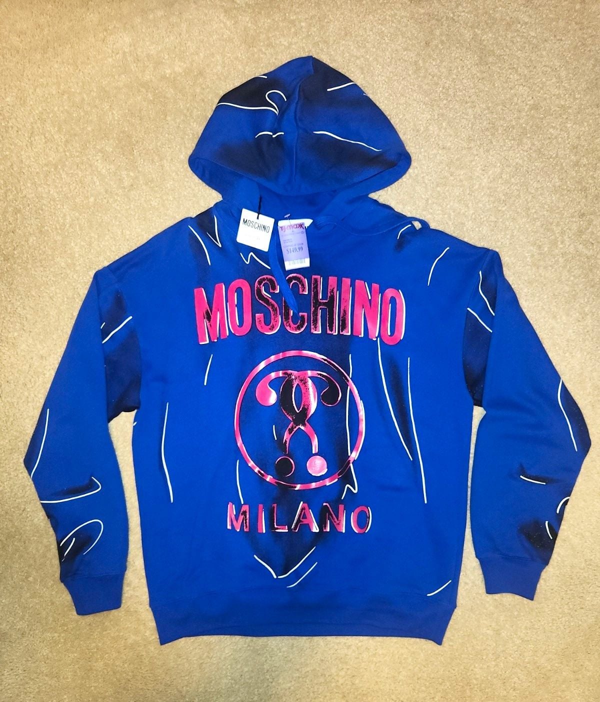 Moschino Men’s L Blue Pullover Hooded Fleece Hoodie Graphic Print Logo NWT 2