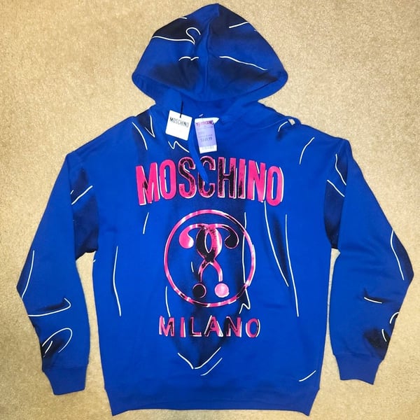 Moschino Men’s L Blue Pullover Hooded Fleece Hoodie Graphic Print Logo NWT