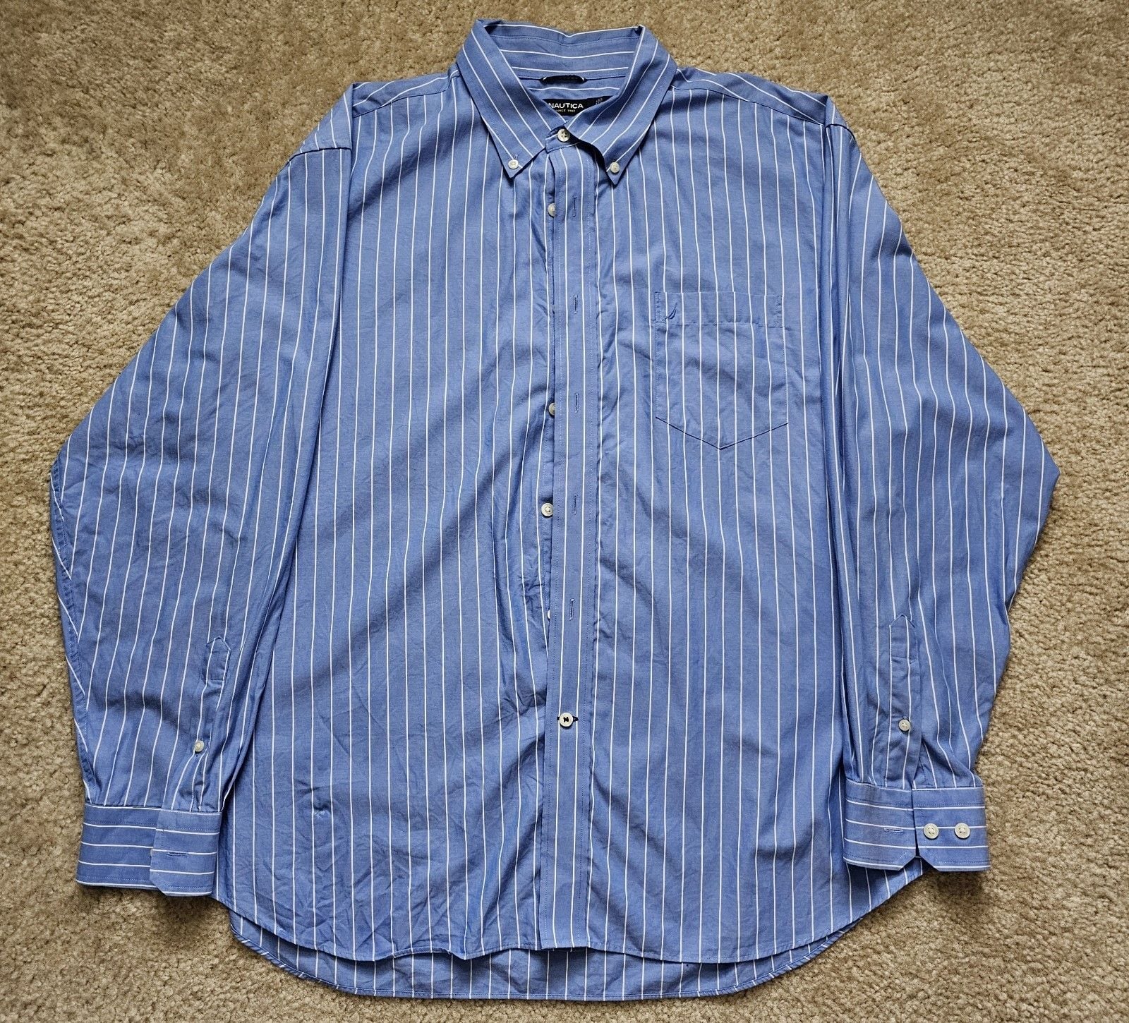 Nautica Mens XXL Blue White Stripe Long Sleeve Button Down Shirt 100% Cotton 2