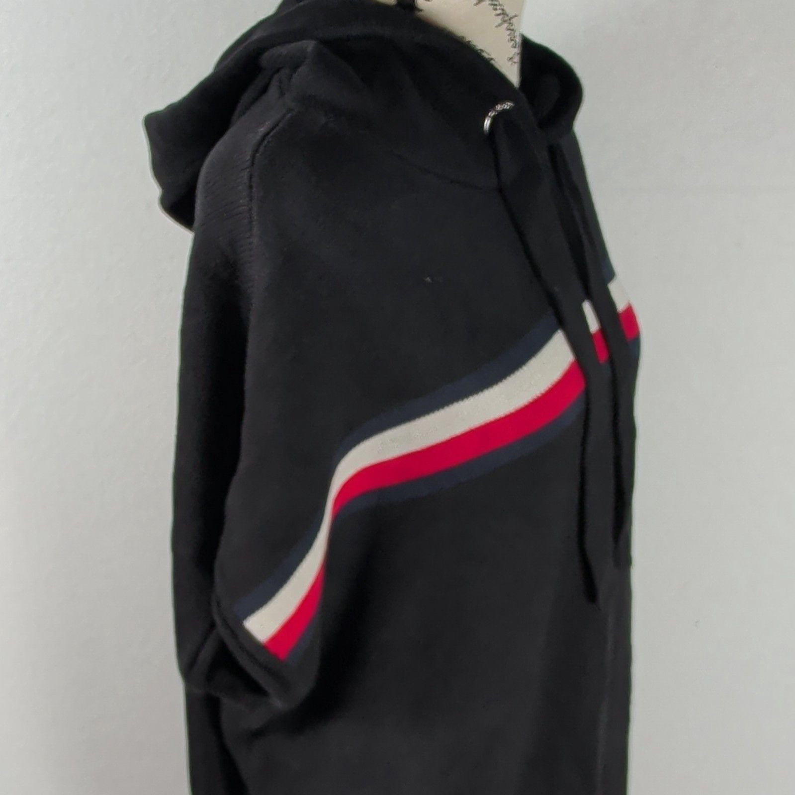 Tommy Hilfiger Hooded Sweater Dress XL Black Red White Striped Short Sleeve Knit 10
