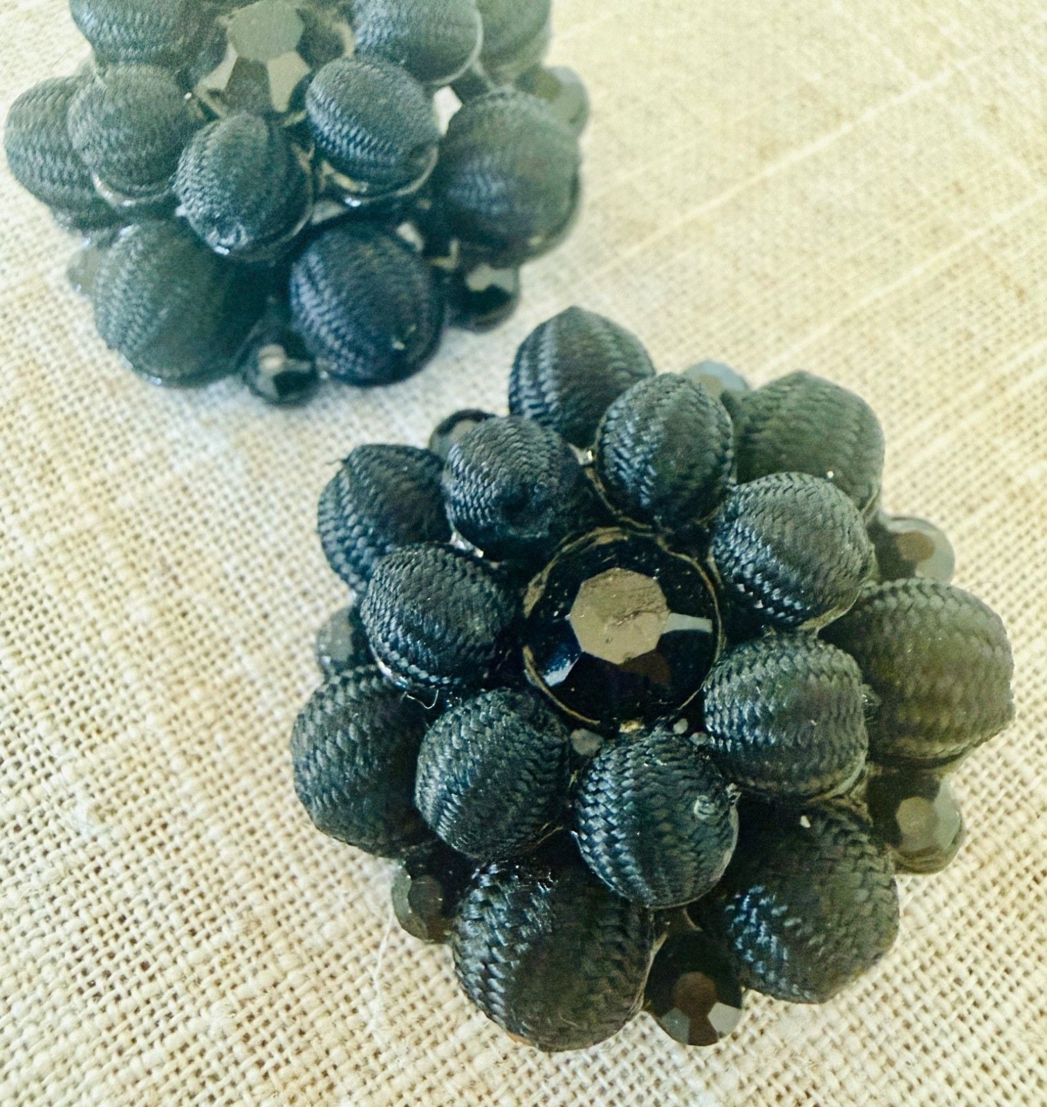 Vintage Mid-Century Black Cluster Beaded Fabric Buttons Set of 2 Statement 6