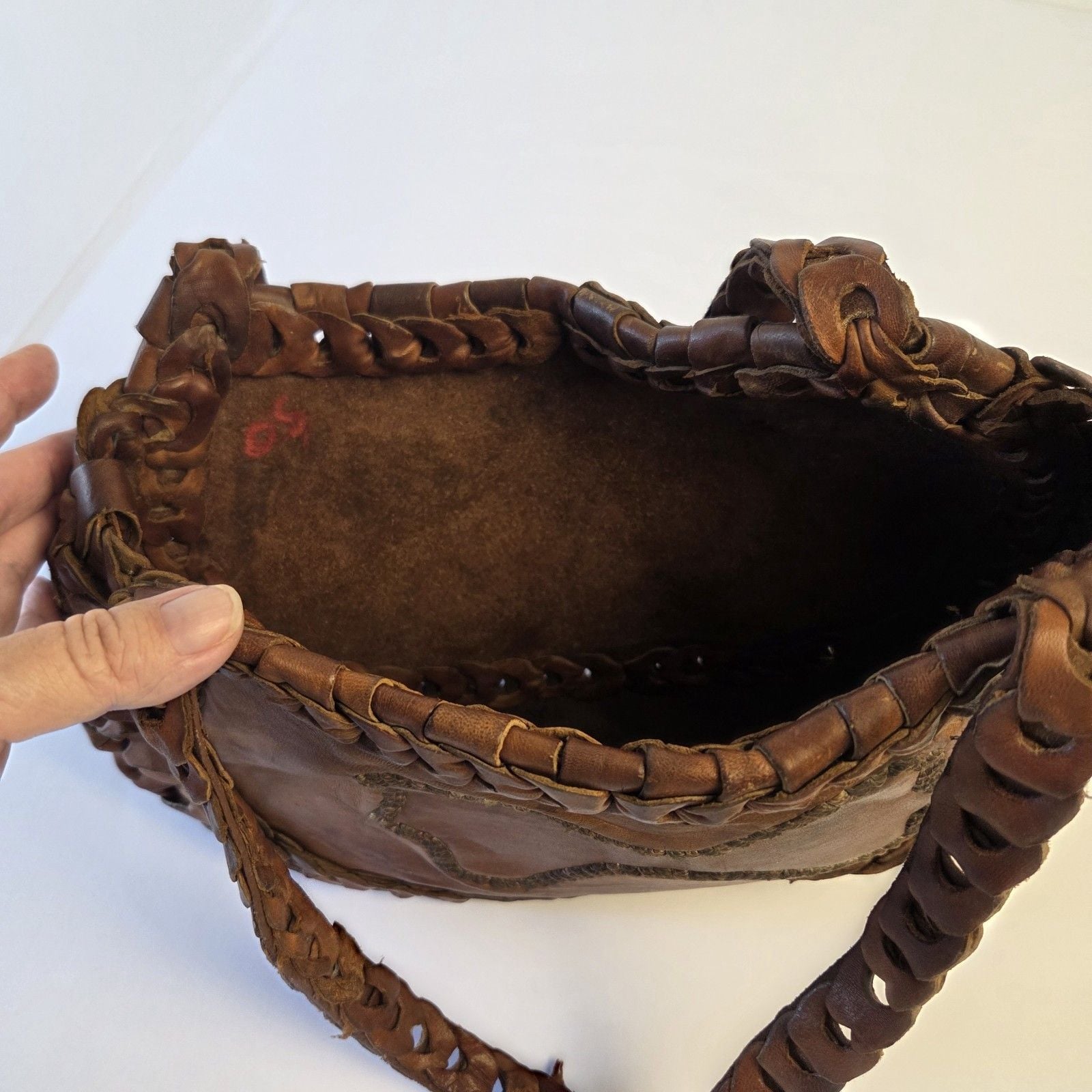 Vimtage 70s Boho Handmade Leather Loop Hippie Purse Moroccan Camel Stamp Tote 11