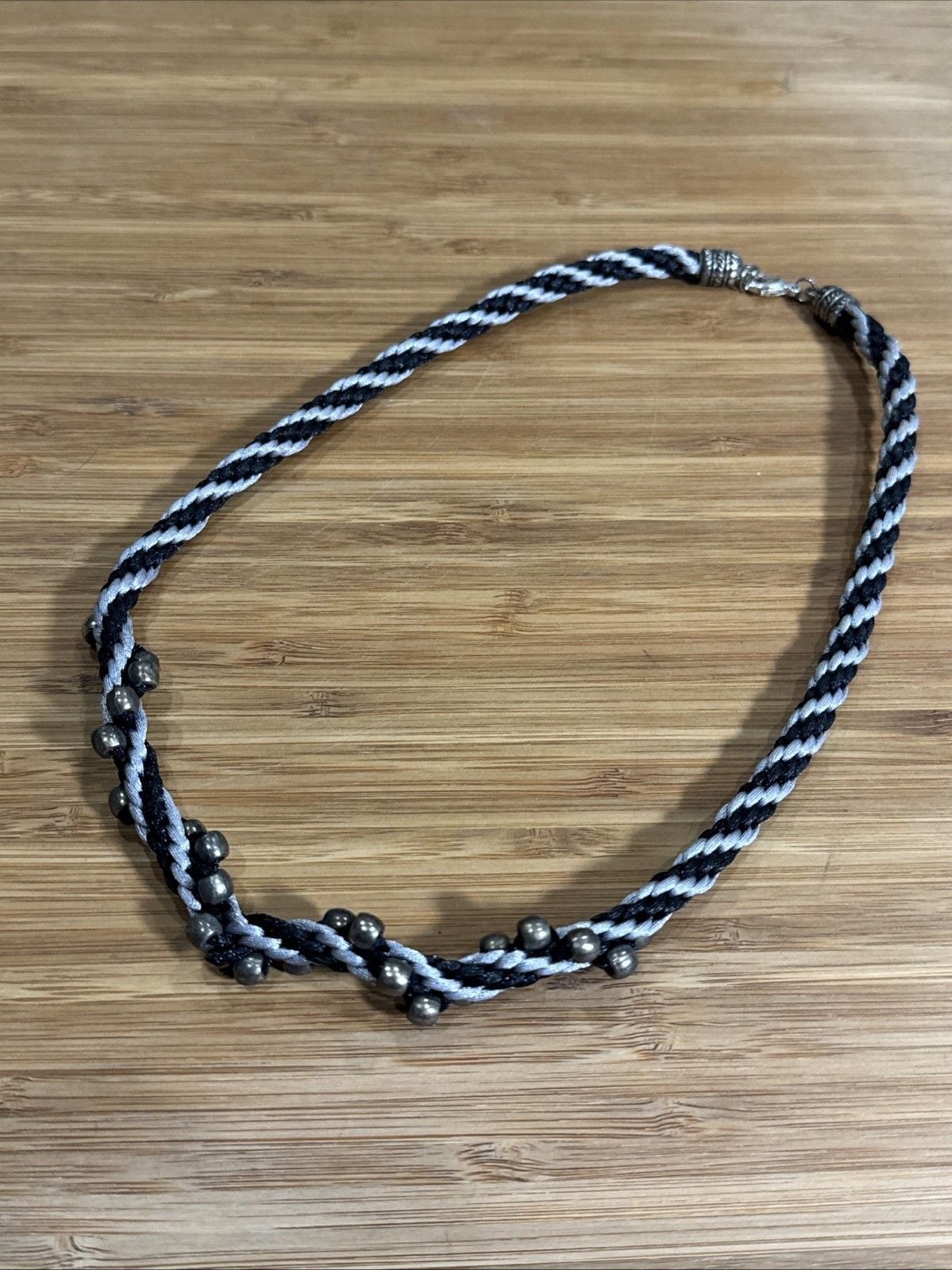 Black Silver Braided Cord Beaded Necklace Gunmetal Goth Witch Halloween Boho 6