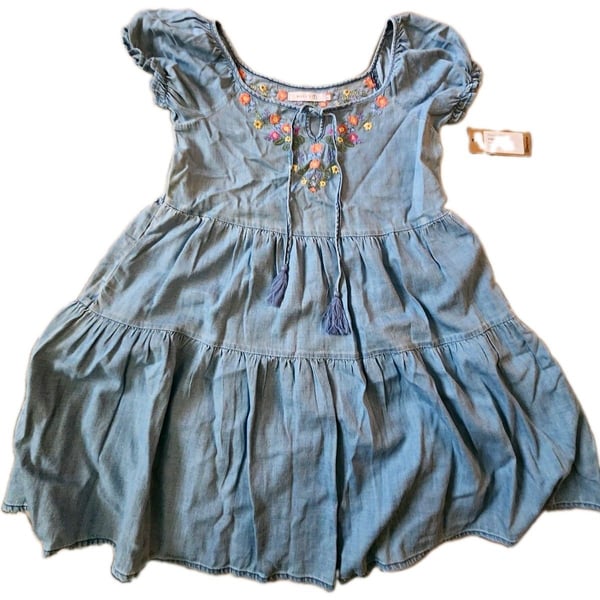 Billy T Petal Song Blue Denim Dress S Embroidered Floral Puff Sleeve BT8026D