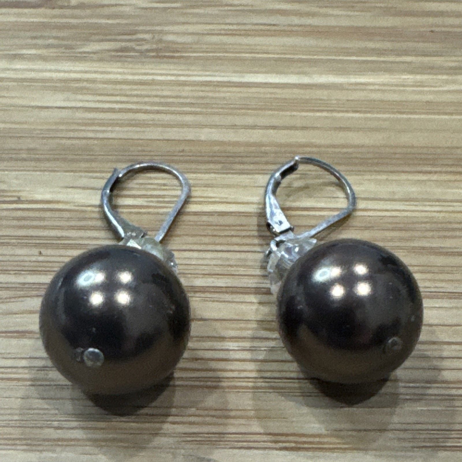 Sterling Silver Bronze Faux Pearl Crystal Dangle Leverback Earrings Marked 925 3