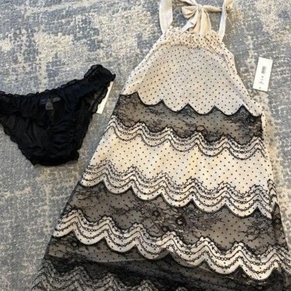 Rya Collection Women Dream Babydoll Chemise Pantie Set M Halter Scalloped Bottom