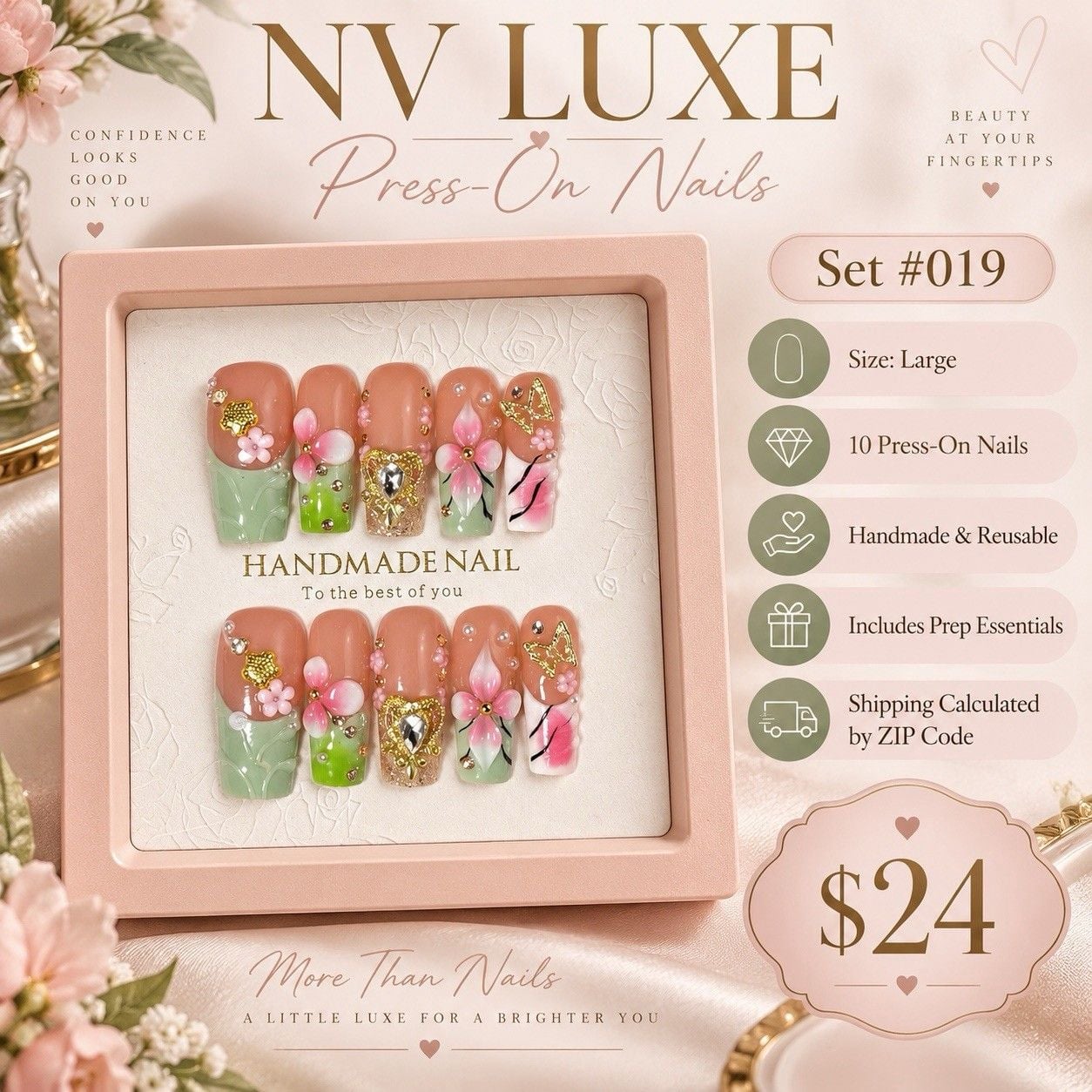 Reusable Floral Press On Nails Size L Square Pink Green Gold 10pc Set #019 2