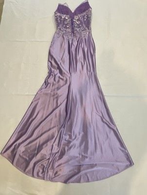 Satin Slit Lace-Up Formal Dress Deep V-Neck and Shimmering Lace Size Medium 9