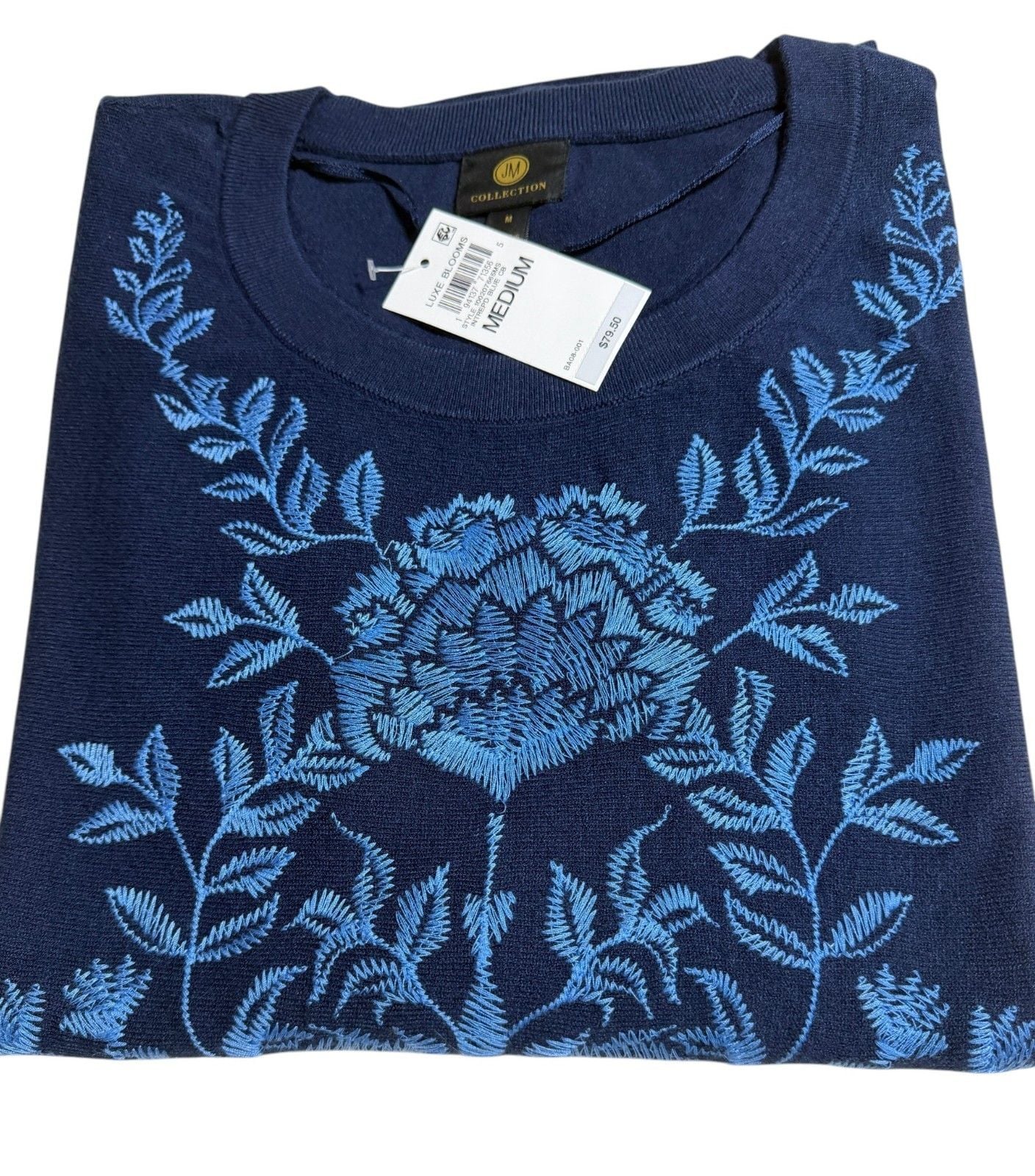 JM Collection Luxe Blooms Women's Embroidered Top Navy Blue Size M NWT 3